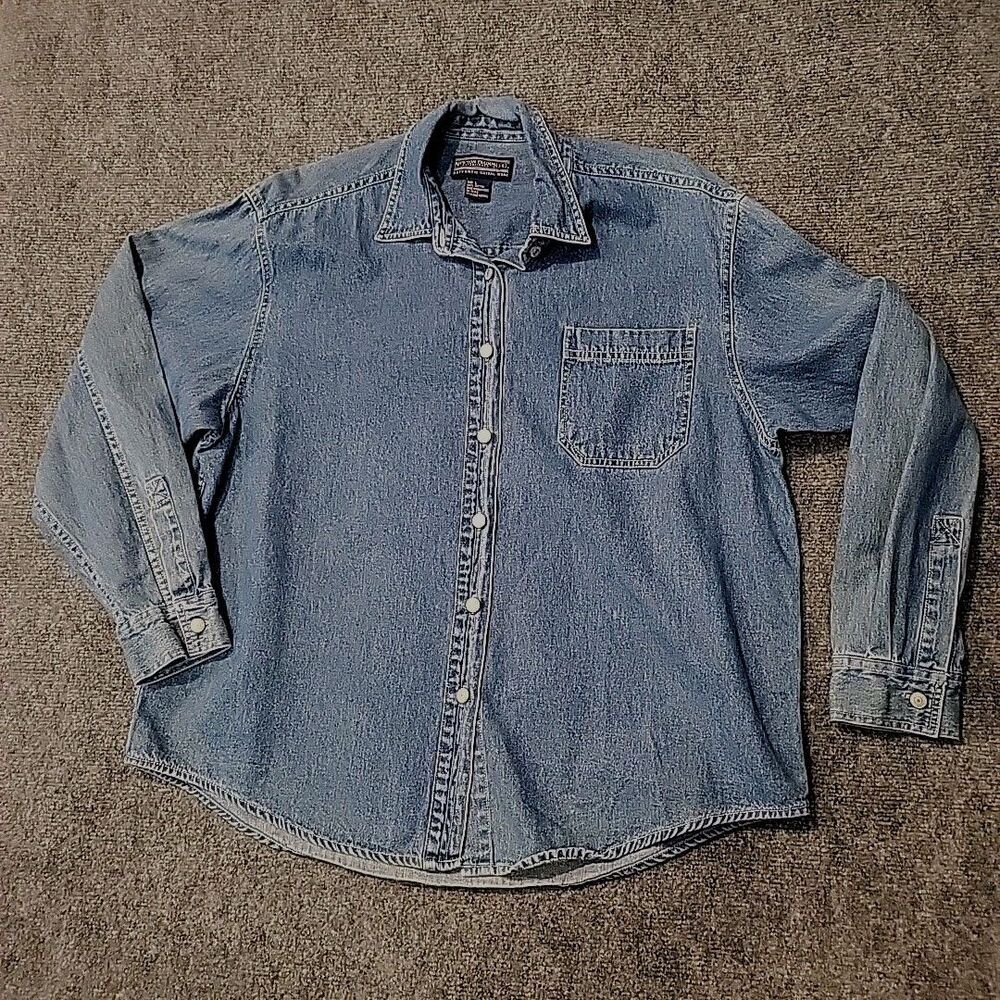 Vintage Denim Shirt L Hong Kong Button Up 100% Cotton Newton Trading Co